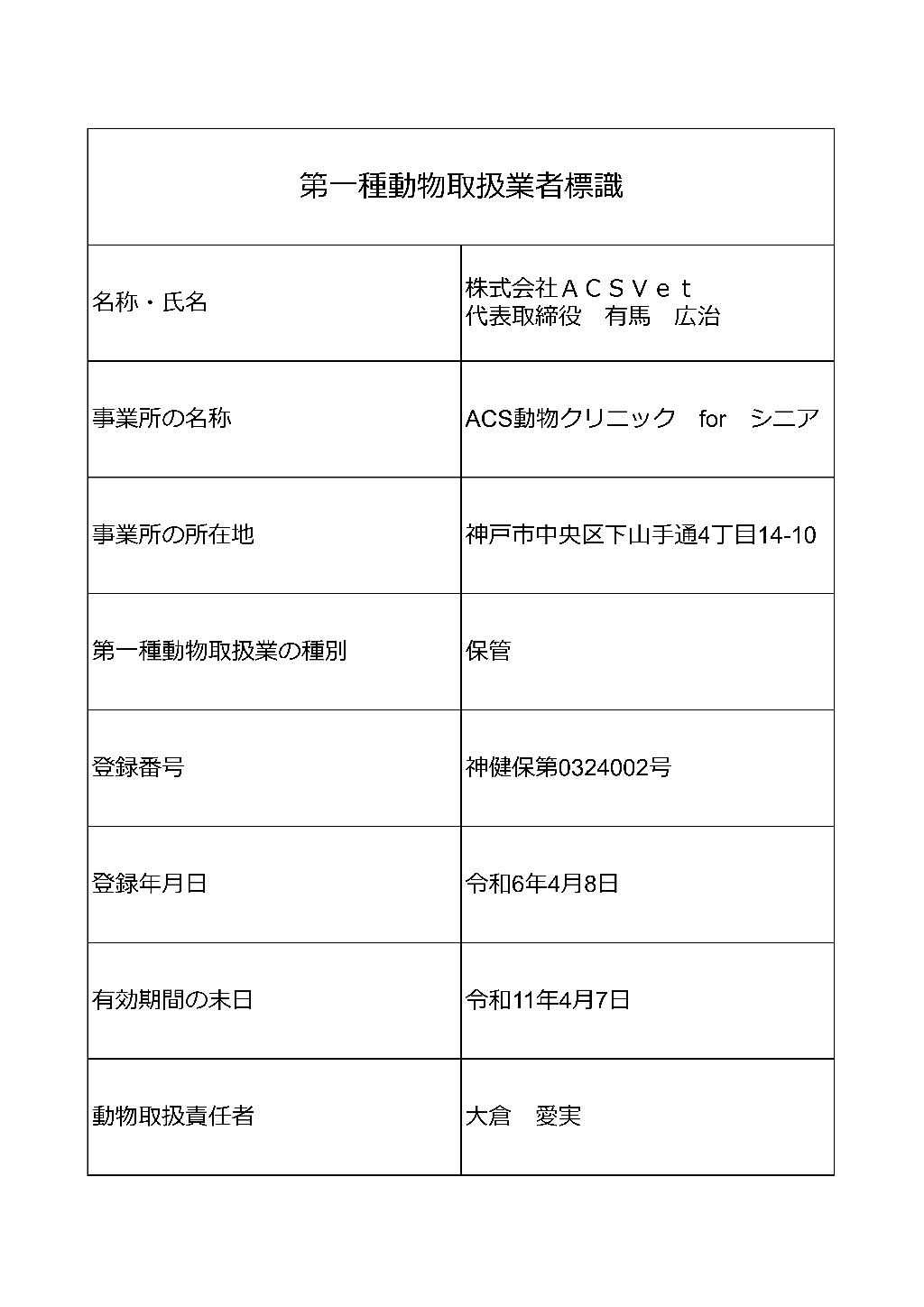 第一種動物取扱業者標識　シニア